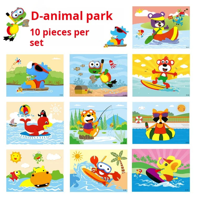 10 Pcs 3D EVA Foam Sticker Creative Art Craft Kit DIY Cartoon Animal Transportation Painting for Education