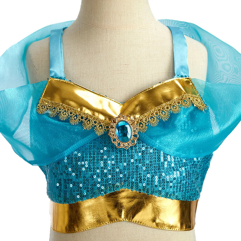 Title Girls Princess Jasmine Cosplay Costume Set Kids Arabian Outfit With Wig Crown Lamp Halloween Carnival Birthday Party Fancy Dress