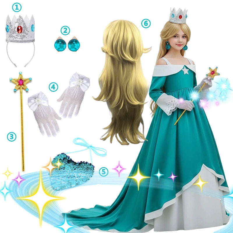 Girls Blue Galaxy Princess Long Dress Halloween Costume