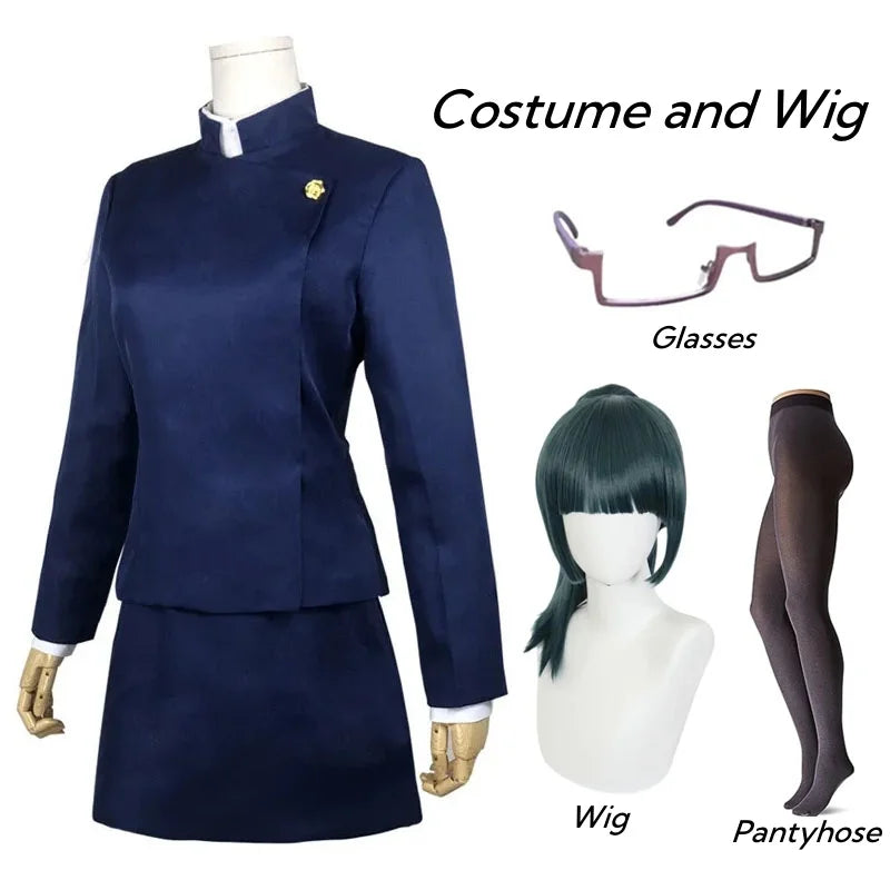 Anime-Inspired Cosplay Uniform Set with Wig, Glasses & Skirt