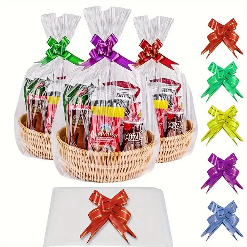 20/50 piece large clear cellophane bag with bow for basket and gift wrap christmas decoration