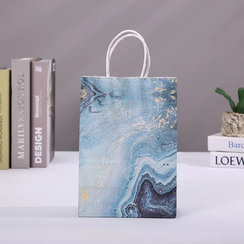 5 pcs Marble Design Kraft Paper Gift Bag with Handle Birthday Party Packaging Bags Wedding Gifts for Guest Eid Ramadan Supplies
