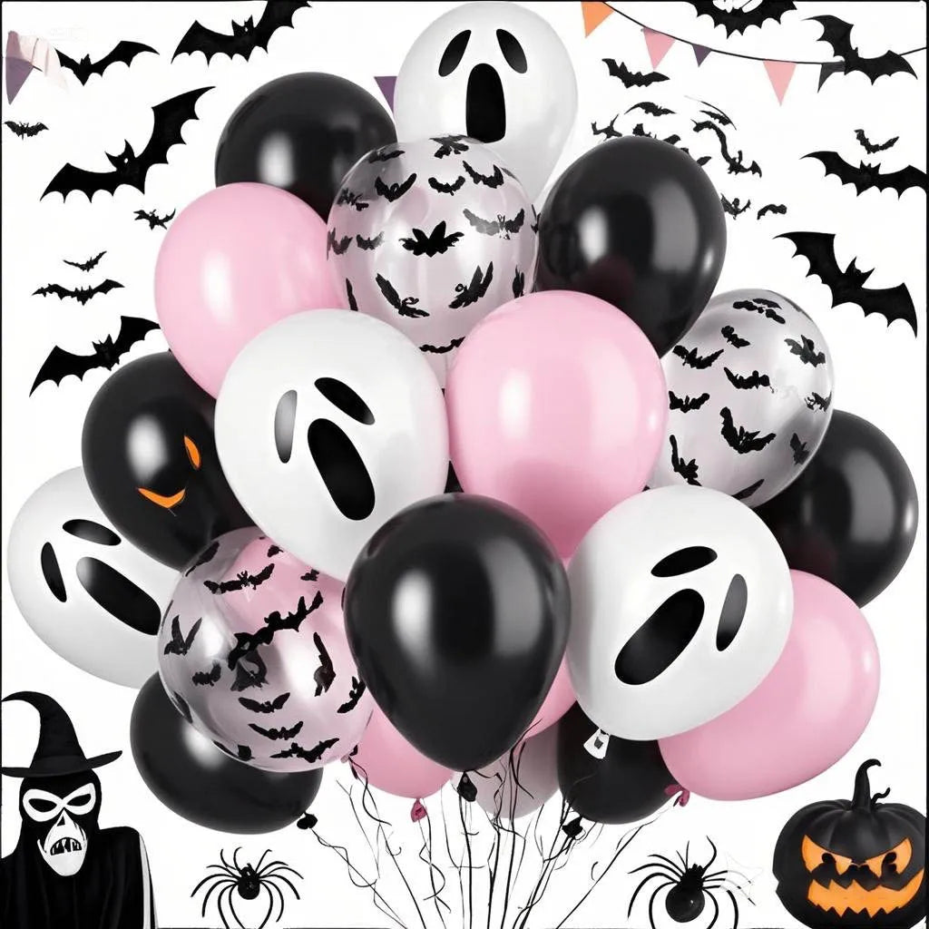 20Pcs Pink Halloween Balloons Ghost Balloon Black Latex Balloons Bat Confetti Ballon for Birthday Halloween Party Decorations