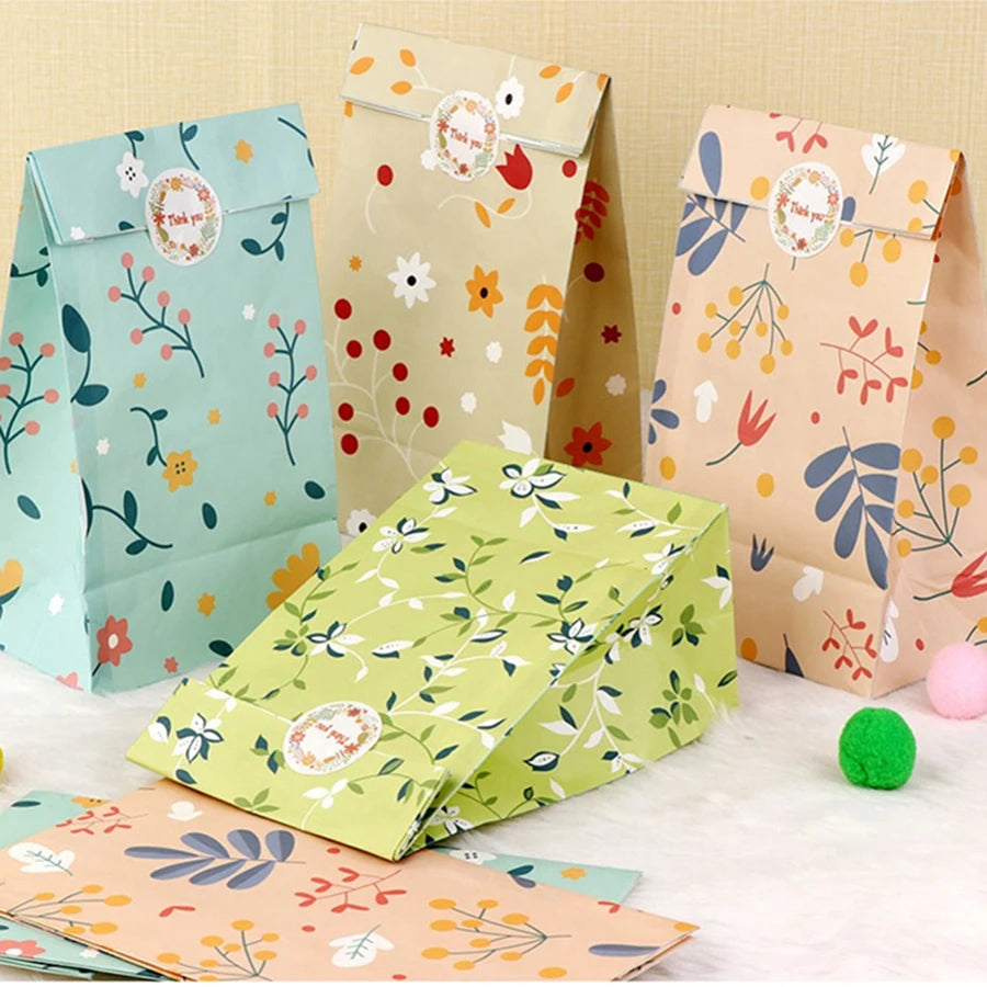 12/24PCS Plant Pattern Gift Paper Bags for Candy Cookie Bakery Kraft Paper Packaging Bags with Stickers