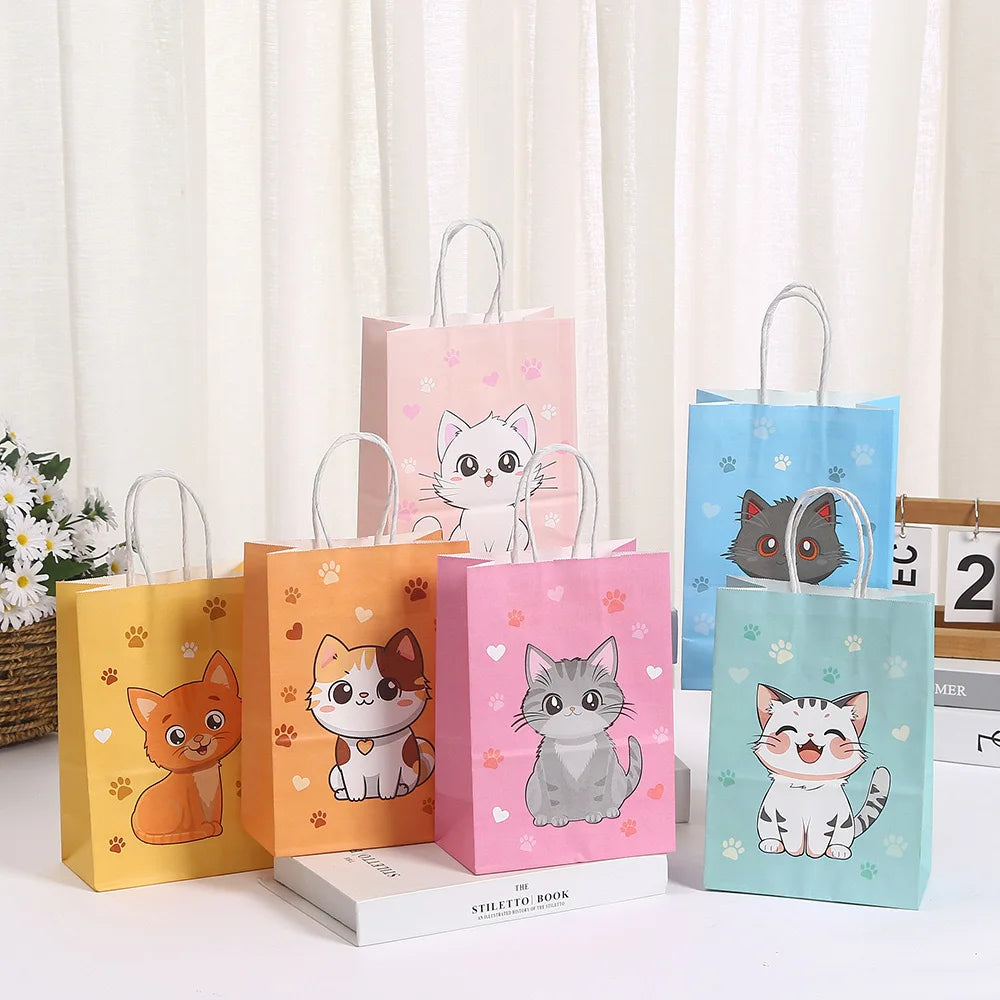 5/30/50pcs Cat Party Gift Bag Cute Kitten Candy Gift with Handle Paper Bag Baby Shower Kids Birthday Kitten Party Decor Supplies
