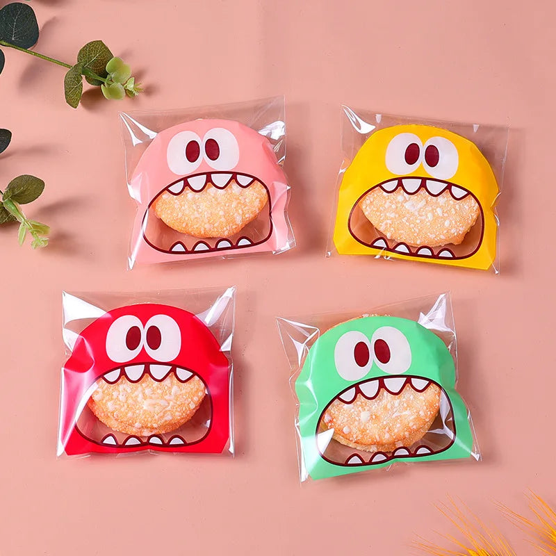 100pcs Cookie Candy Bag Cute Cartoon Self-adhesive Plastic Packing Bag For Biscuit Gift Food Packing, Baking Package