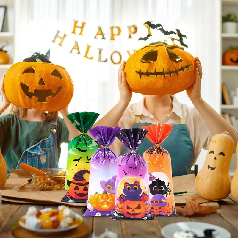 25/50/100pcs Halloween Pumpkin Candy Bags Trick Or Treat Gift Cookie Packing Bags for Happy Halloween Party Decor Supplies