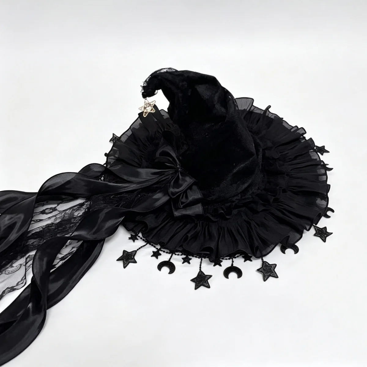 Lace Velvet Witch Hat with Lace Trim and Moon Pendant for Halloween Costume Party Masquerade Cosplay Party Accessory
