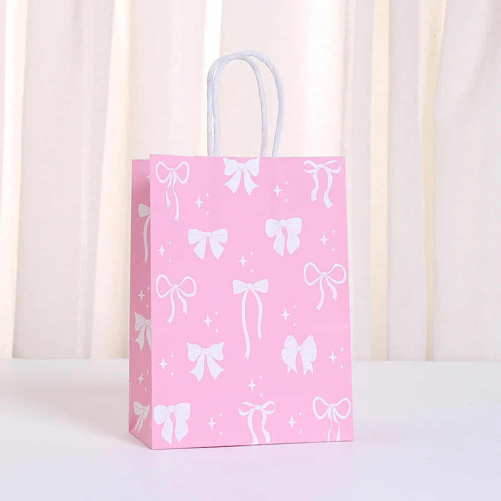 6/12/24/48pcs Pink and White Bow Paper Gift Bags Birthday Favor Bags with Handles Candy Bags Baby Shower Wedding Party Supplies