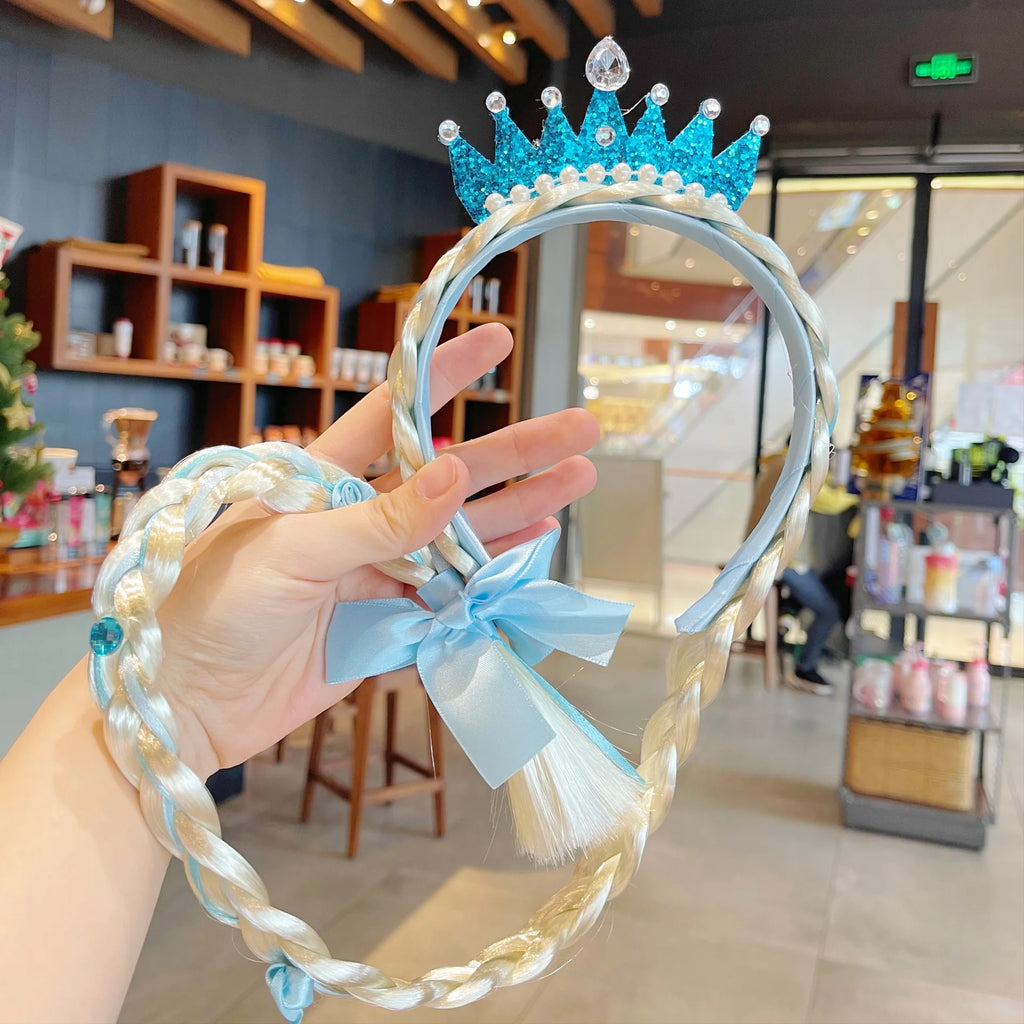 Princess Crown Headband with Braided Wig and Bow for Girls