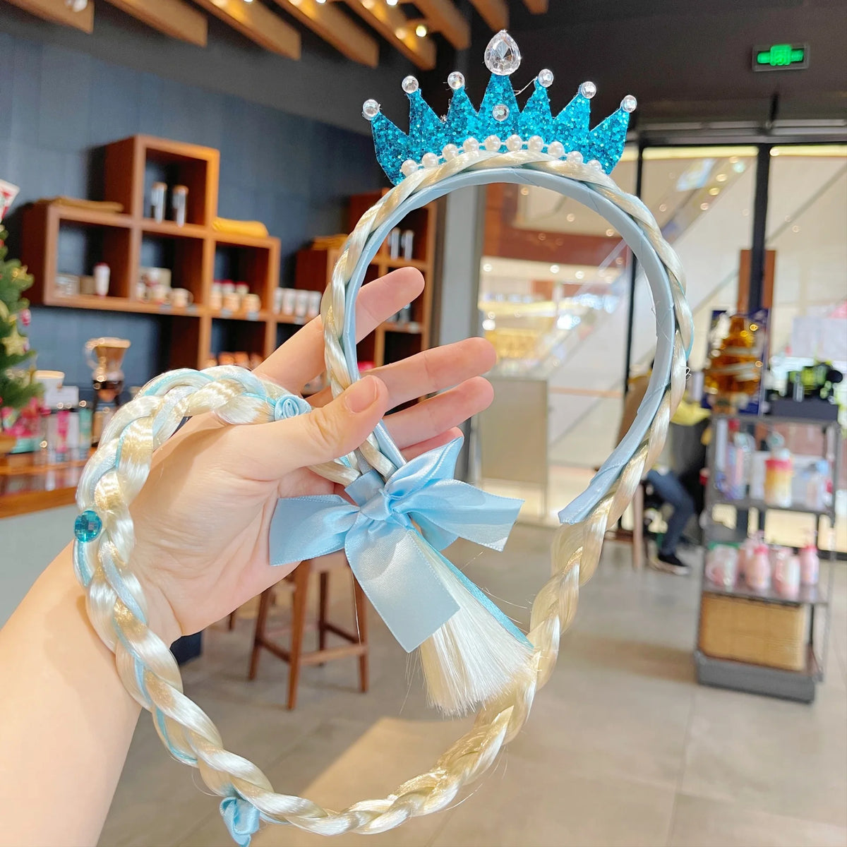 Princess Crown Headband with Braided Wig and Bow for Girls
