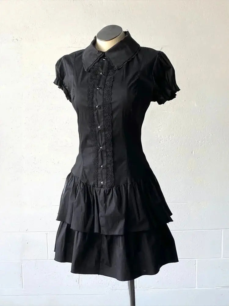 Women’s Vintage Black Short Sleeve Patchwork Gothic Dress