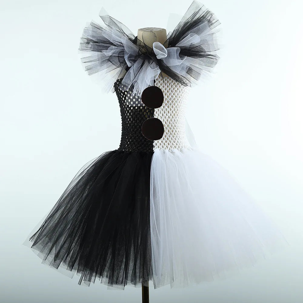 Girls Black White Horror Clown Tutu Dress Costume