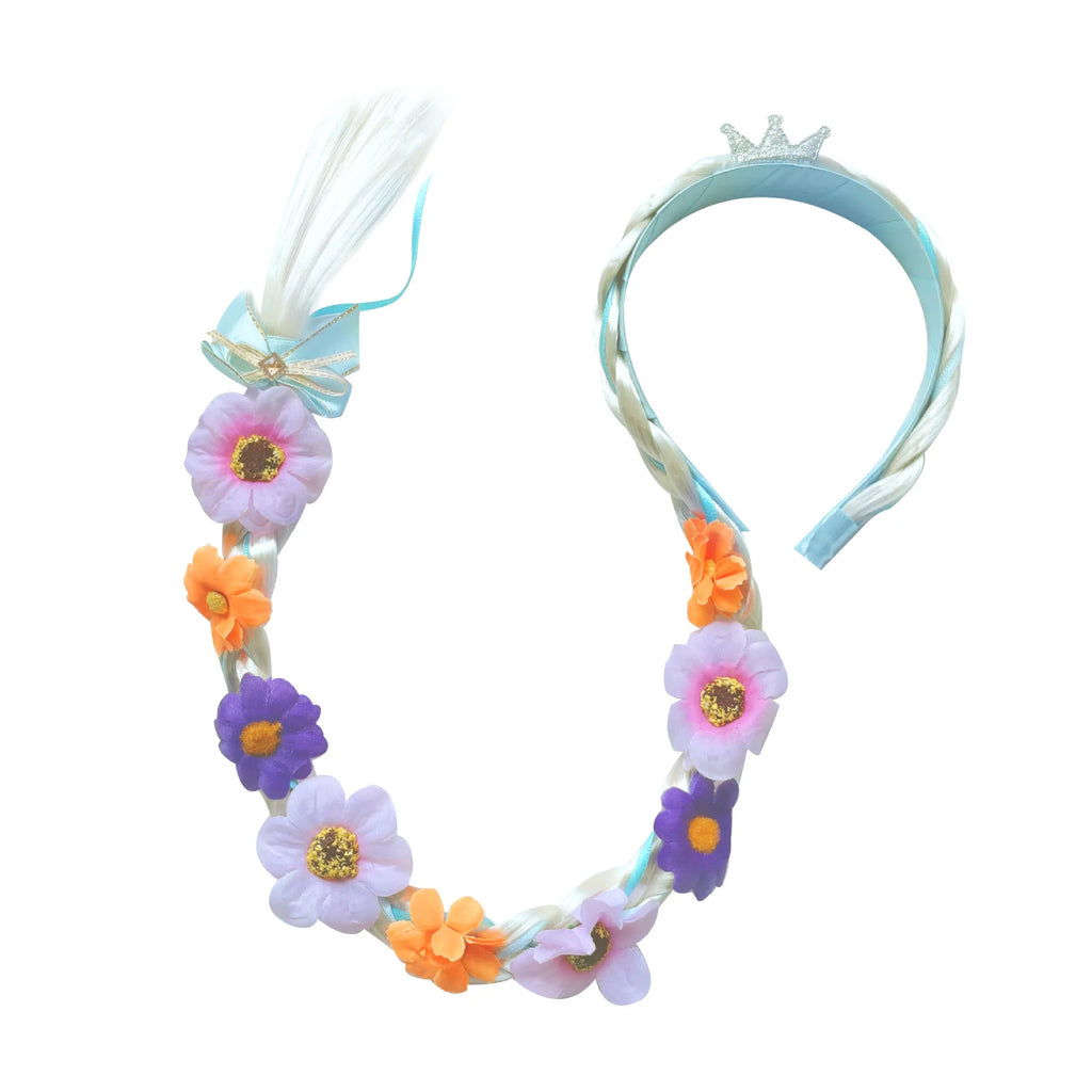 Princess Crown Headband with Braided Wig and Bow for Girls
