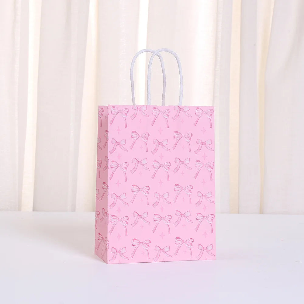 6/12/24/48pcs Pink and White Bow Paper Gift Bags Birthday Favor Bags with Handles Candy Bags Baby Shower Wedding Party Supplies