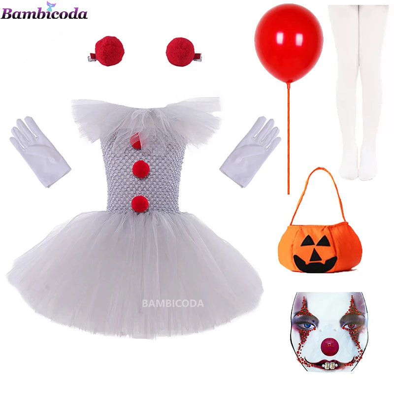 Girls Gray Clown Tutu Dress Halloween Costume