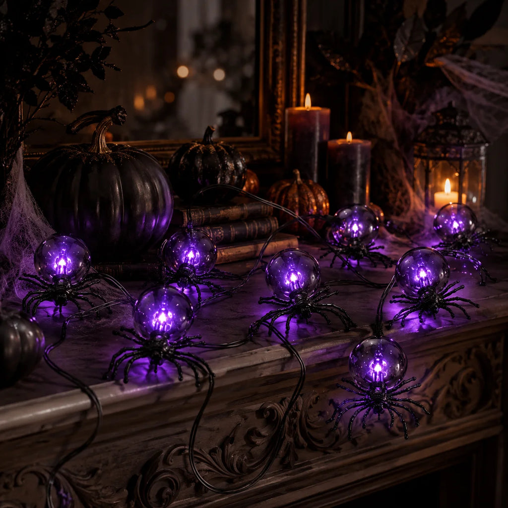 Halloween Lights Spider String Lights Battery Operated 5.2M 15LED Purple Fairy Garland for Porch Window Haunted House Decor