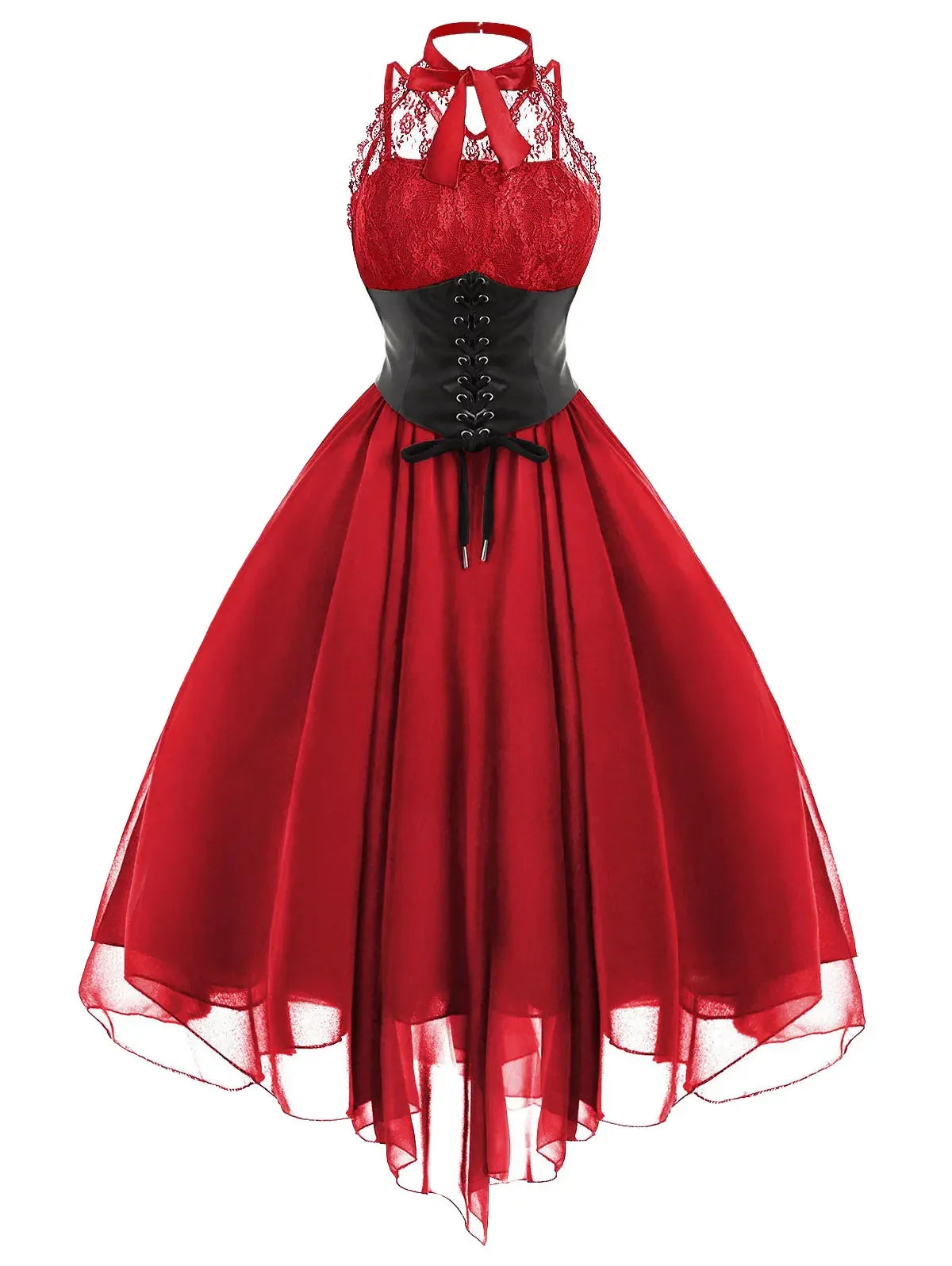 Victorian Gothic Punk Vintage Halter Dresses 2026 Women Black Sleeveless Cross Back Retro Lace Panel Corset Swing Party Dress