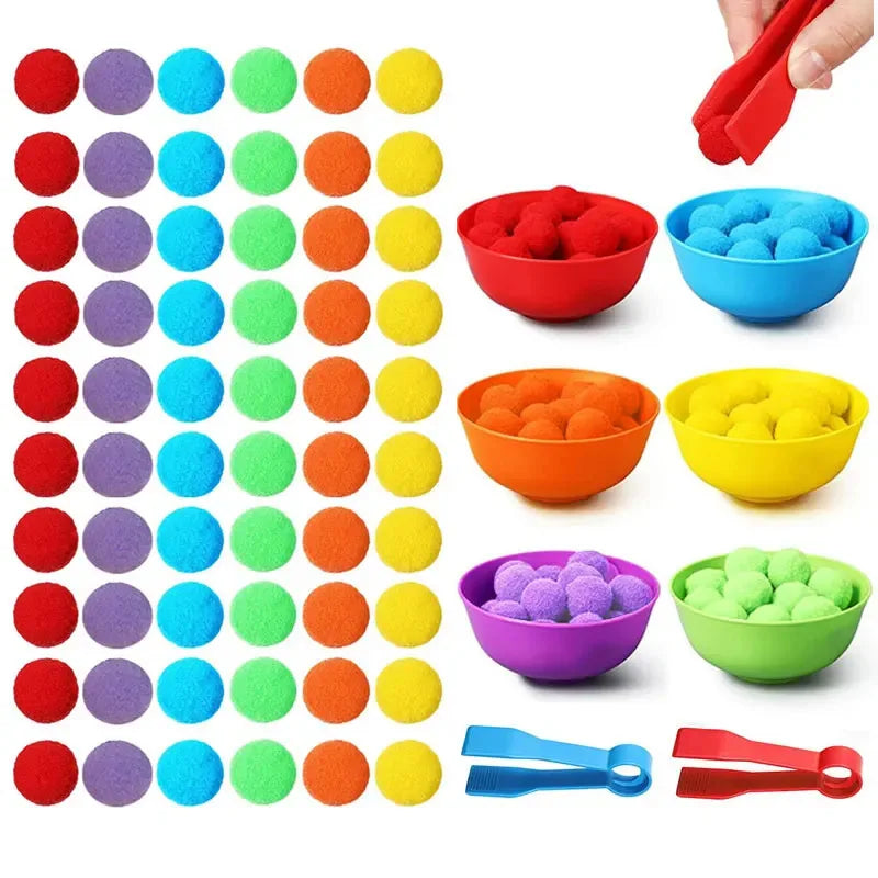 Children Counting and Sorting Toys Pom Poms Rainbow Colors Plastic Bowls Tweezers Fine Motor Skill Children Learning Toys