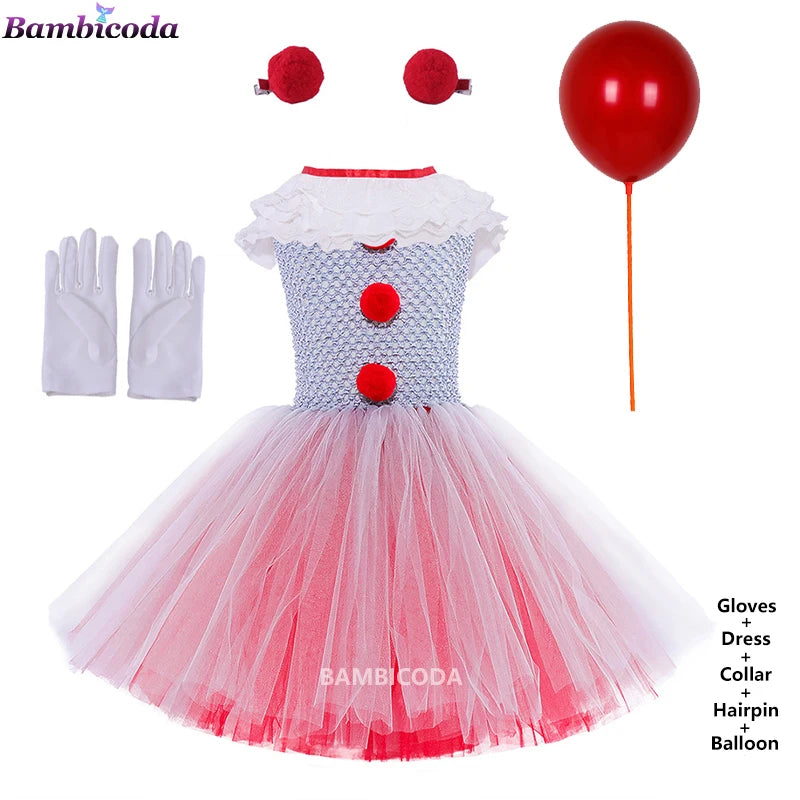Girls Gray Clown Tutu Dress Halloween Costume
