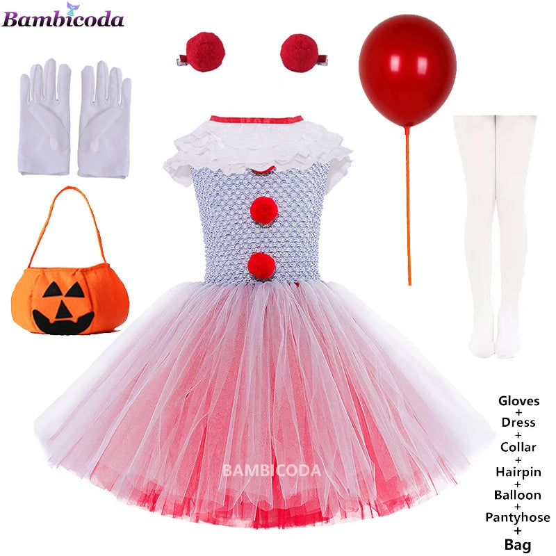 Girls Gray Clown Tutu Dress Halloween Costume