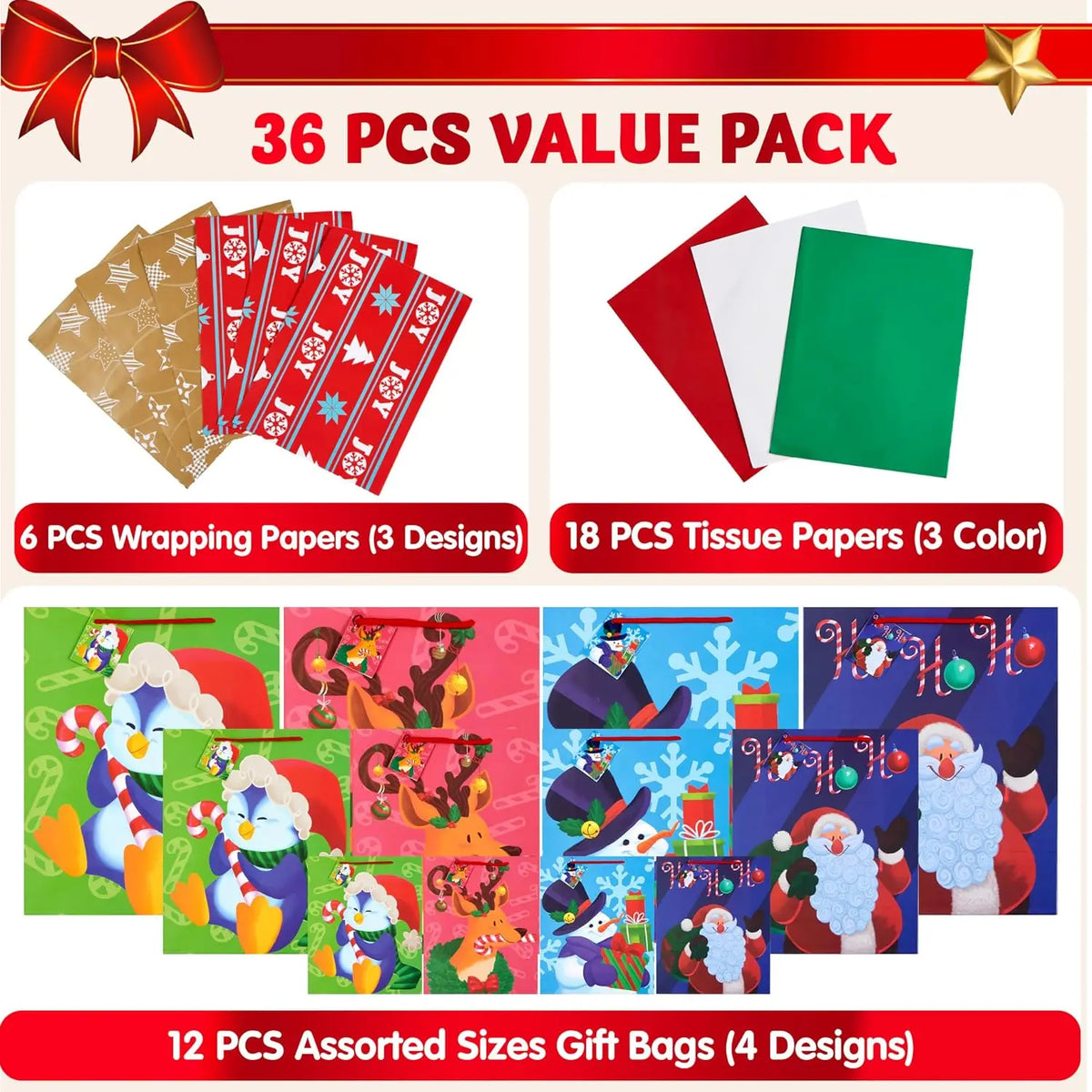 36 Pcs Christmas Bags with Tissue Papers and Tag, Assorted Sizes Set for Wrapping Xmas Holiday Presents, Thanksgiving Gift Decoration, Present Wrapping, School Classrooms, Party Favors