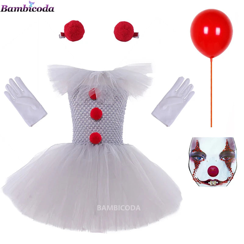 Girls Gray Clown Tutu Dress Halloween Costume