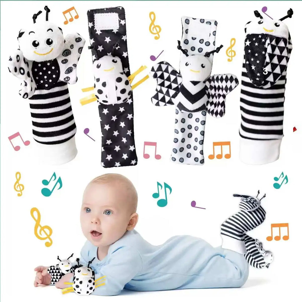 4pcs Baby Rattle Toys Cute Stuffed Animals Wrist Rattle Foot Finder Socks 0~24 Months for Infant Boy Girl Newborn Gift