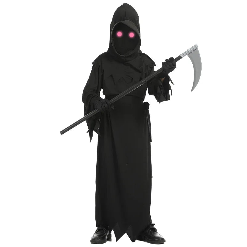 Kids Grim Reaper Costume with Glowing Eyes, Robe & Props