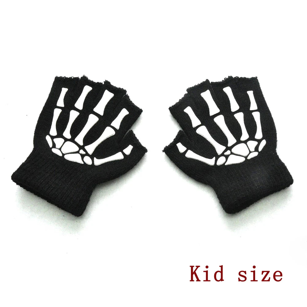 Punk Gloves Halloween Skeleton Half Finger Gloves Glow In The Dark Fingerless Mittens Men Women Elasticity Knitted Skull Mittens