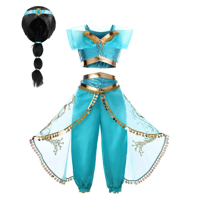Title Girls Princess Jasmine Cosplay Costume Set Kids Arabian Outfit With Wig Crown Lamp Halloween Carnival Birthday Party Fancy Dress