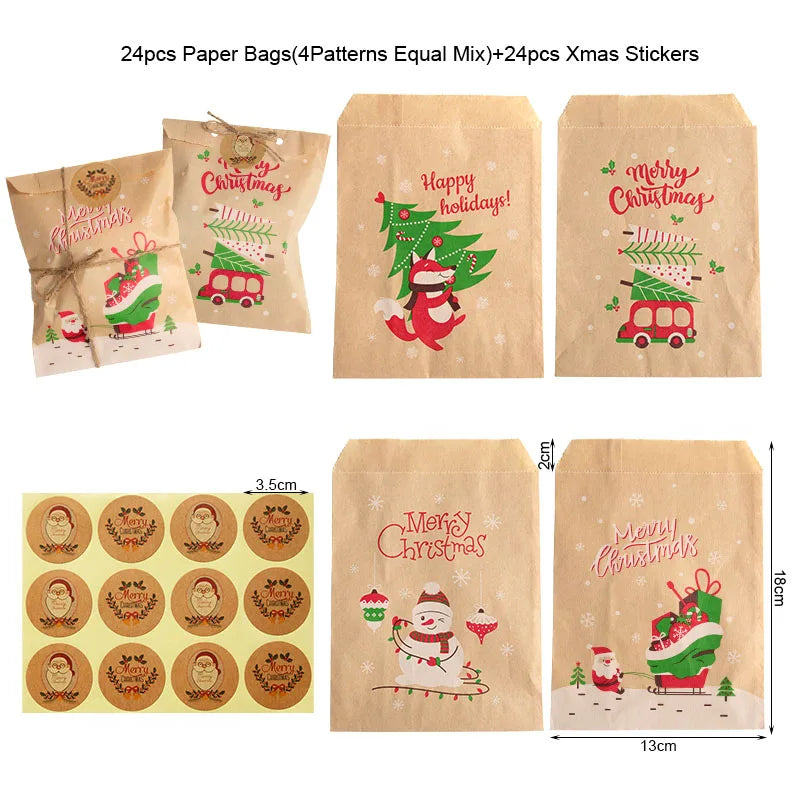 24Sets Merry Christmas Gift Bags Retro Santa Claus Fox Kraft Paper Bags with Stickers Xmas Party Favor Bags DIY Advent Calendar