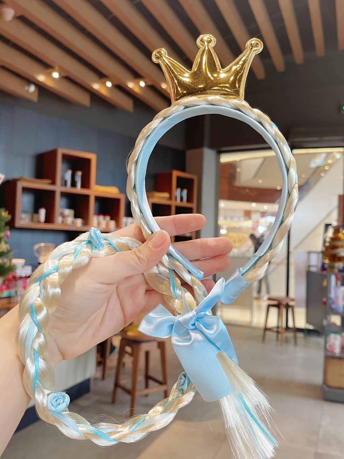 Princess Crown Headband with Braided Wig and Bow for Girls