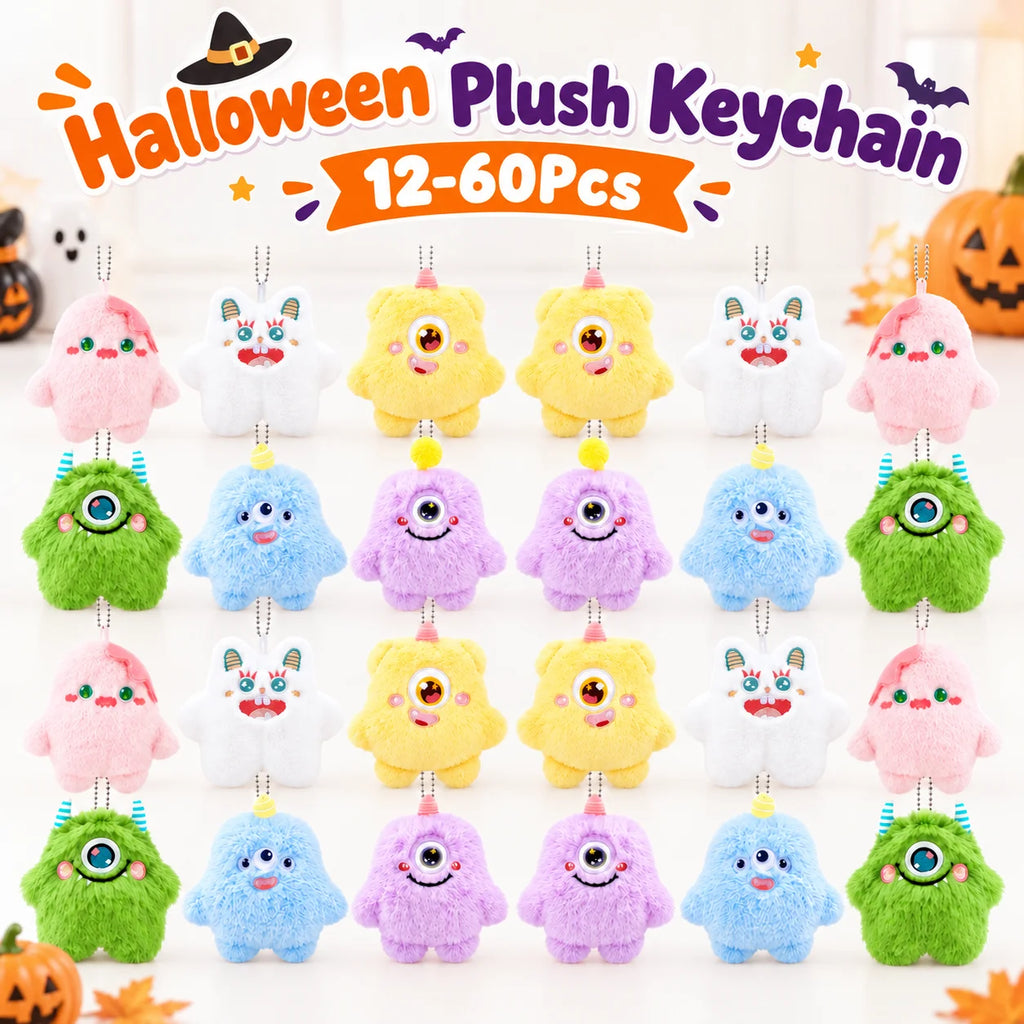12-60Pcs Halloween Mini Plush Keychain Bulk Cute Monster Stuffed Animal Party Favors Kids Birthday Gifts Goodie Bag Stuffers