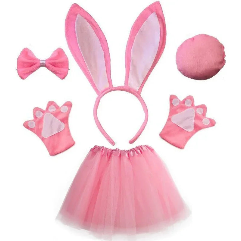 Women Girls Plush Animal Easter Bunny Ear Headband Tail Bow Skirt Birthday Party Baby Shower Halloween Rabbit Cosplay Costume