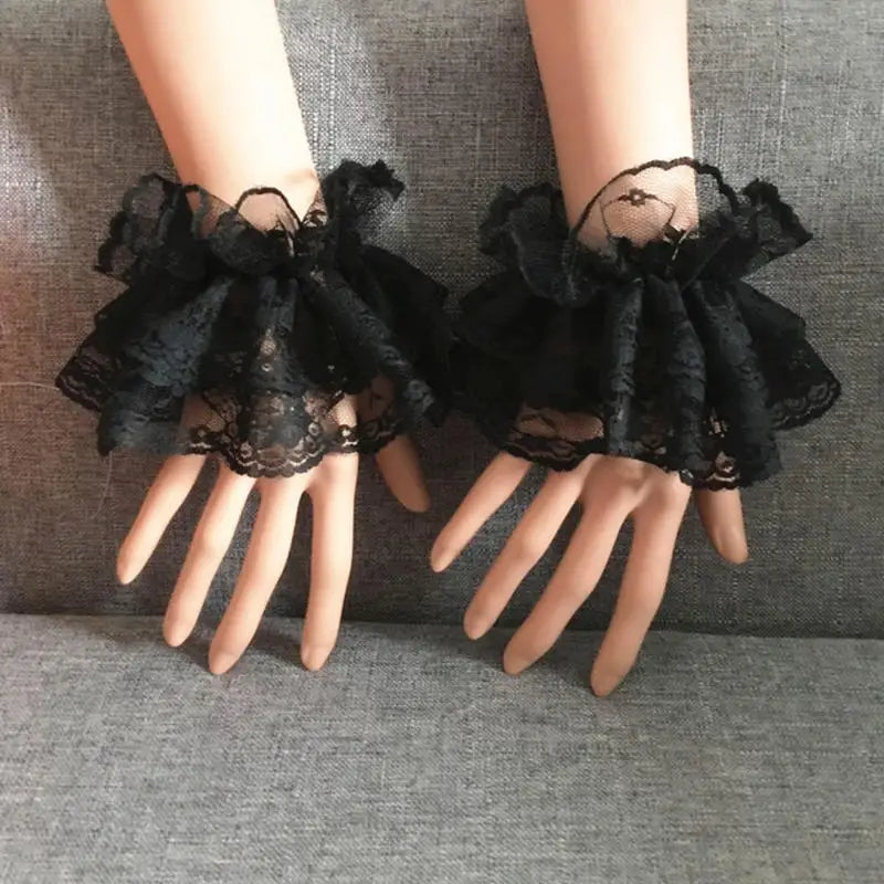 Black Lace Ruffle Wrist Cuffs with Floral Detail