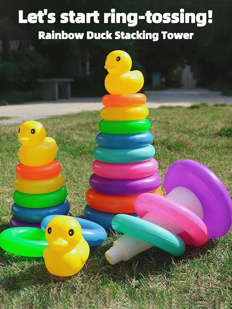 Yellow Duck Rainbow Tower Stacked Circle Toy Plastic Rainbow Circle Toy Circle Toss Toy Interactive Game Birthday Gifts