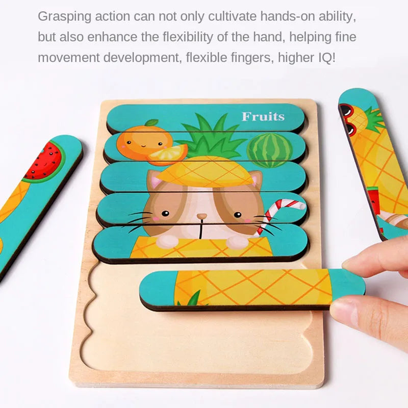 Cartoon Animal Double-sided Strip Wooden Puzzles Kids Montessori Jigsaw Game Baby Educational Toys for Children