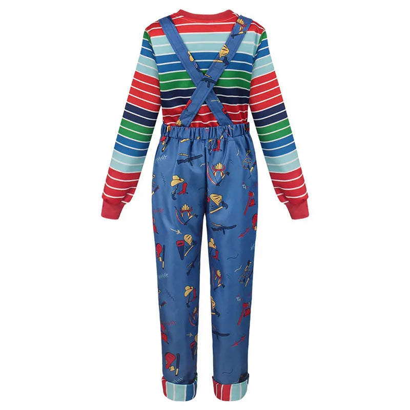 Adult Horror Doll Costume with Striped Shirt & Jumpsuit