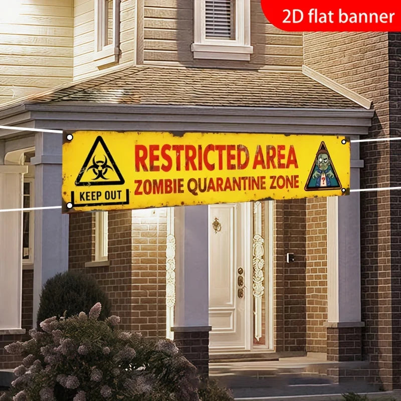One 2D flat banner for Halloween decoration, "Restricted Area Zombie Isolation Zone" with warning signs