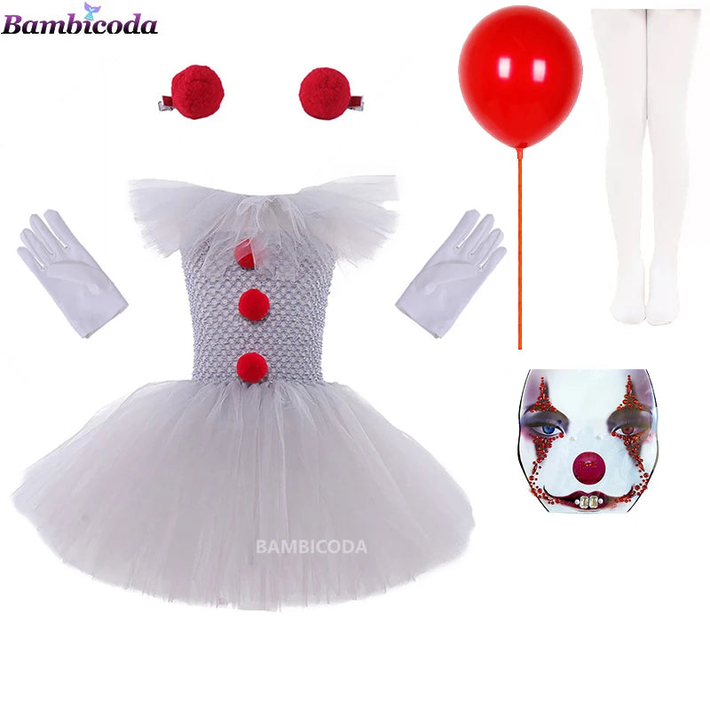 Girls Gray Clown Tutu Dress Halloween Costume