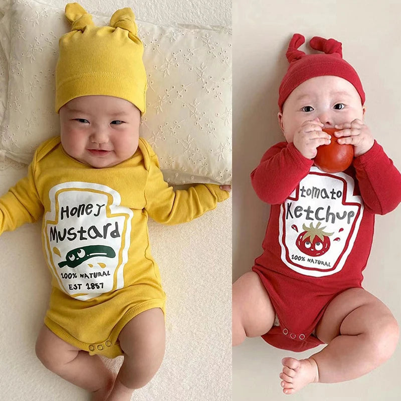 Infant Newborn Romper  Sauce Onesie with Hat Baby Bodysuit Cosplay Baby Twins Red Tomato Ketchup and Yellow Mustard Costume 0-2T